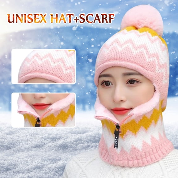 Dyfzdhu Women Earmuffs Add Flocking Thermal Cycling Warm Winter Hat Knitting Scarf Pink