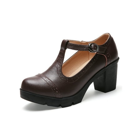 

Oucaili Ladies Lightweight Chunky Block Heel Mary Jane Heels Office Anti-Slip Comfort Round Toe Dress Pump Shoes Dark Brown 6.5