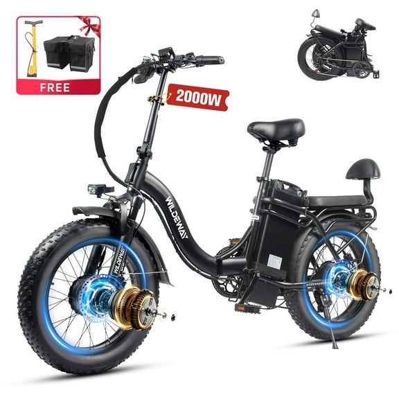 Wildeway Folding Dual Motors 2000W Mountain Bike for Adult, UL2849 48V 32AH Removable Battery Ebike 20X4"Fat Tire up to 28MPH&100 Miles Long Range Off Road Dual Hydraulic Disc Brake Electric Bicycle.