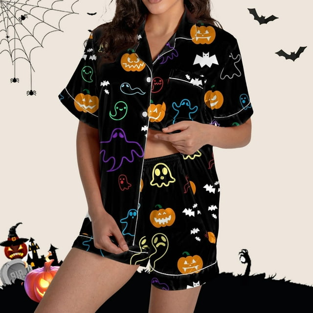 Ensembles de Pyjama pour Femmes Pyjamas Graphiques Imprimés Satin Mignons Vêtements de Nuit Boutons Hauts à Manches Courtes Shorts Ensembles L