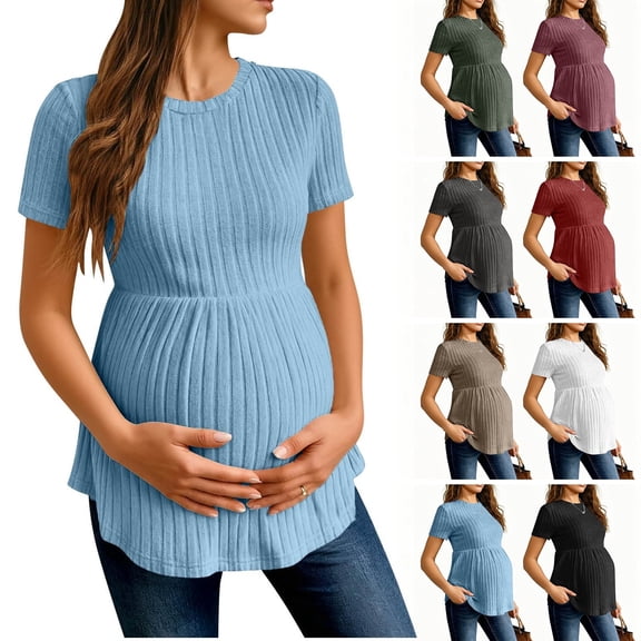 Women's Short Sleeve Maternity T-Shirts Ribbed Knit Soft Lightweight Pregnancy Tops Crew Neck Stretchy Ruched Waist Casual Maternity Tops Navy Tops,Size S-2XL