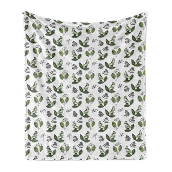 Scandinavian Soft Flannel Fleece Throw Blanket, Simplistic Foliage Composition Fresh Blossoming Plants of Spring, Cozy Plush for Indoor and Outdoor Use, 70" x 90", Olive Green and White, by Ambesonne