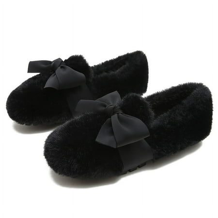 

IELGY outer wear plus velvet bowknot set foot flat shoes women