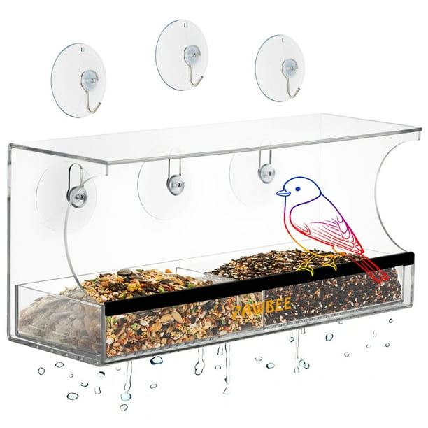 Mangeoire à oiseaux pour fenêtre PAWBEE pour l'extérieur en acrylique  transparent et plateau amovible pour mangeoire à oiseaux 