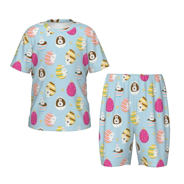 Balery Happy Easter Conjunto de Pijama Infantil de Manga Corta con Estampado – Ropa de Dormir de Algodón Suave-Small