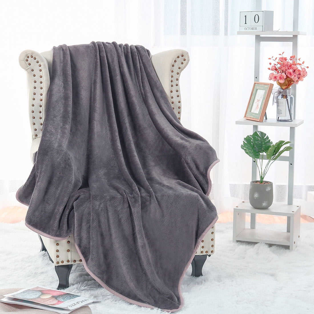 Unique Bargains Flannel Fleece Blanket Soft Luxury Hemmed Gray Queen