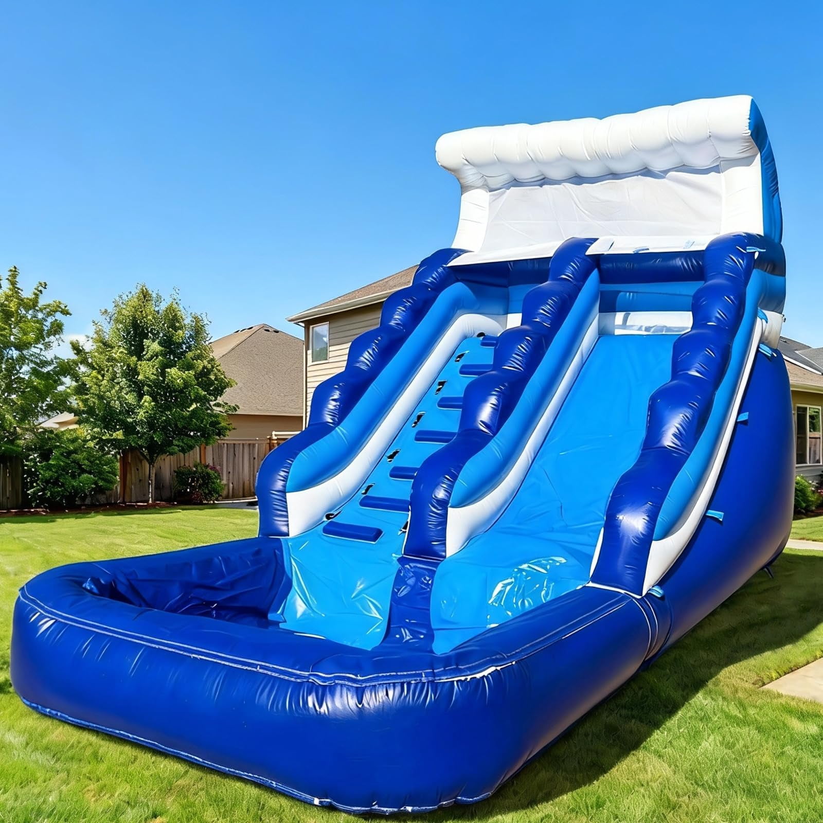18’(L) Inflatable Water Slide Commercial Grade PVC with Detachable Slide Climbing Ladder and Pool, Giant Inflatable Wet Dry Use, Blow Up Water Slides for Backyard Outdoor, Party, Rental, Gift