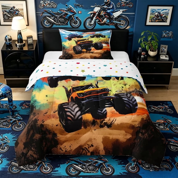 Castle Fairy Graffiti Monster Truck Twin Comforter Sets 3-Piece for Kids, Checkered Race Flag Bedding Set for Nursery, orange green