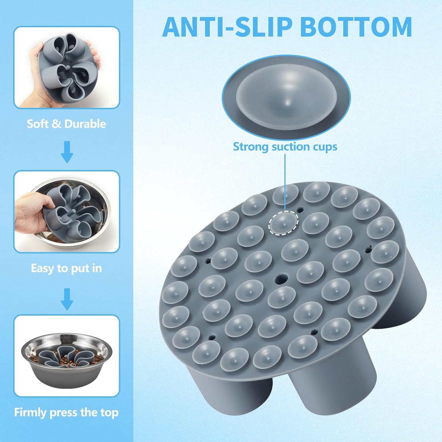 Slow Feeder Dog Bowls Insert,  Soft Silicone Slow Eating Dog Bowl Insert with Suction Cups for Small, Medium and Large Dogs(Grey M)