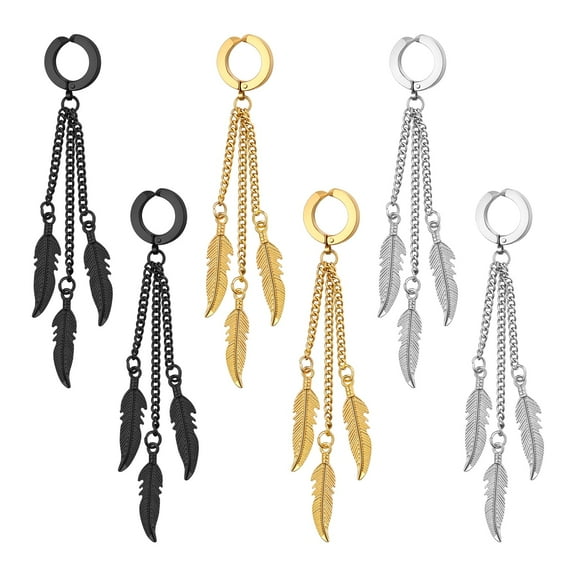 OIDEA 3 Pairs Gothic Clip-On Stainless Steel Feather Leaf Dangle Hoops Earrings for Women Men (Silver/Gold/Black)