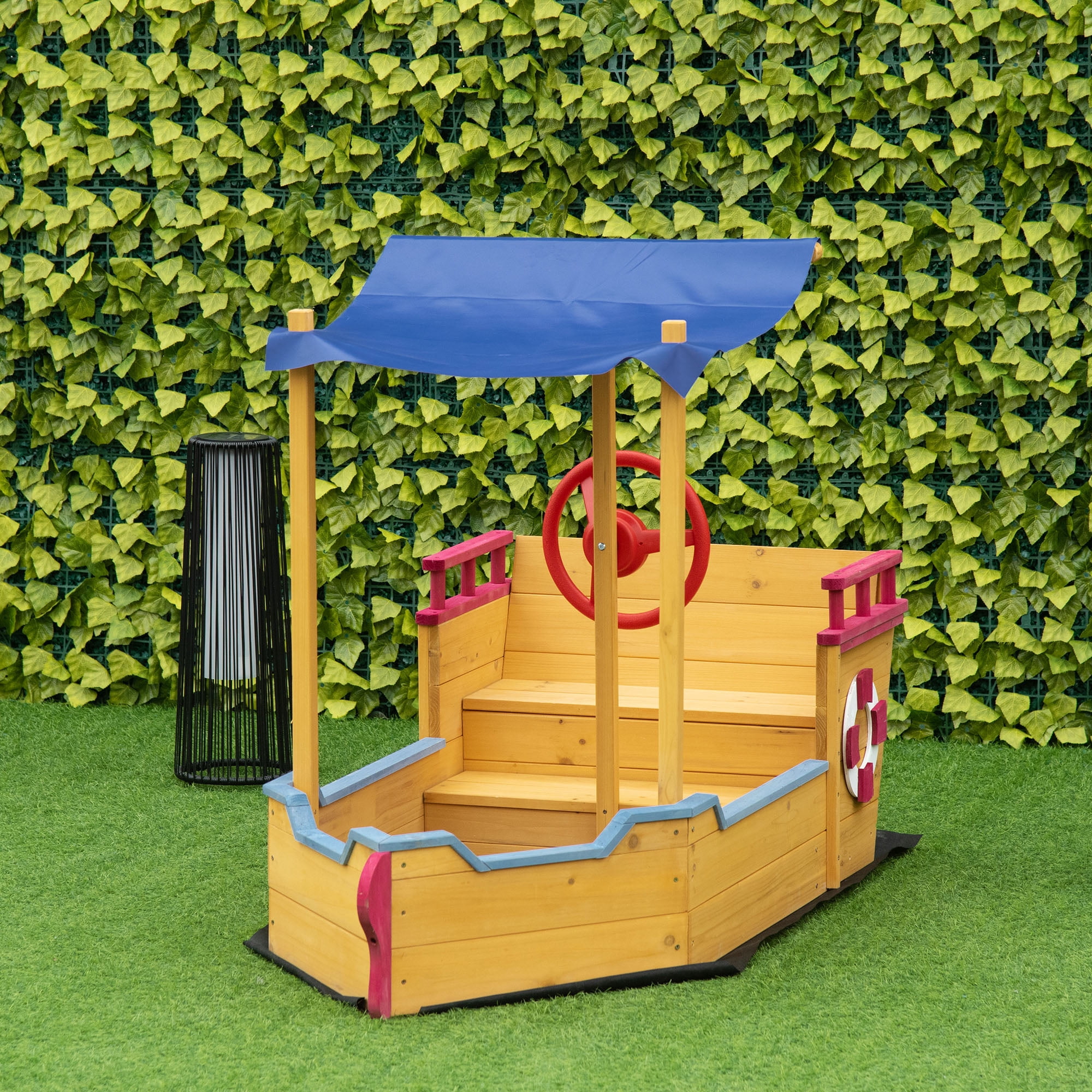 Pirate Ship Sandbox with Cover & Rudder, Wooden Sandbox with Storage Bench & Seat, Outdoor Play Toy for Kids Ages 3-8 Years Old