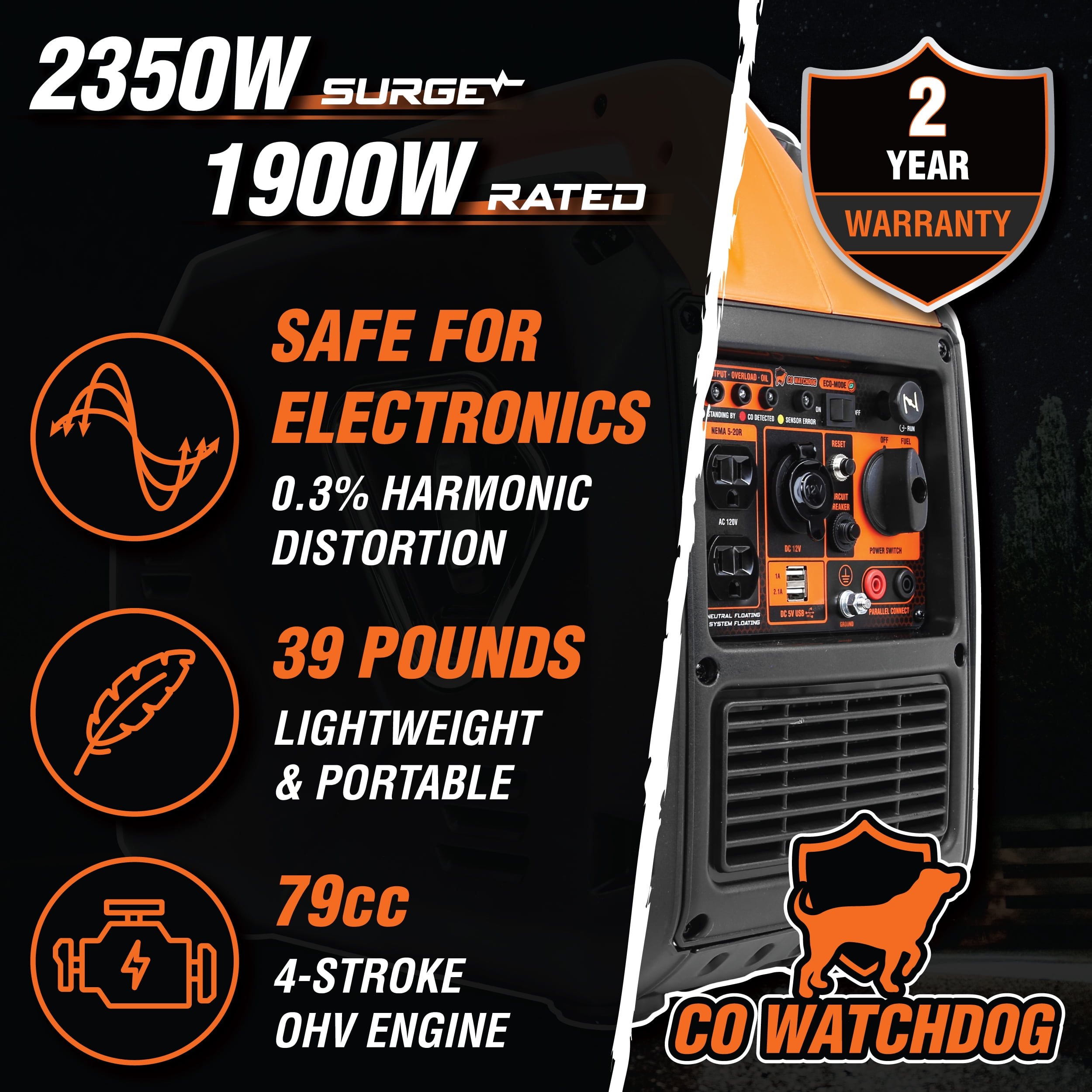WEN Super Quiet Ultra Lightweight 2350-Watt Portable Inverter Generator with Fuel Shut Off and CO Watchdog (56235iX)