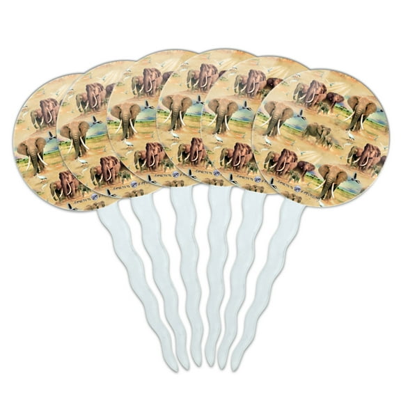 African Elephant Herd Pattern Cupcake Picks Toppers Decoration Set of 6