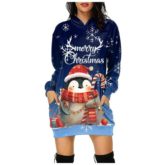 Drie Christmas Hoodie Dress for Women Womens Christmas Xmas Oversize Turtleneck Pullover Sweater Dress with Pockets Dark Blue,L