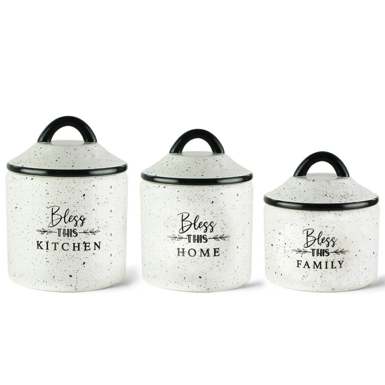 American Atelier Canister Set 3-Piece Ceramic Jars in Small, Medium, Large  with Airtight Lids for Cookies, Candy, Coffee, Flour, Sugar, Rice, Pasta,  Cereal & More (Bless This Kitchen, Home & Family) 