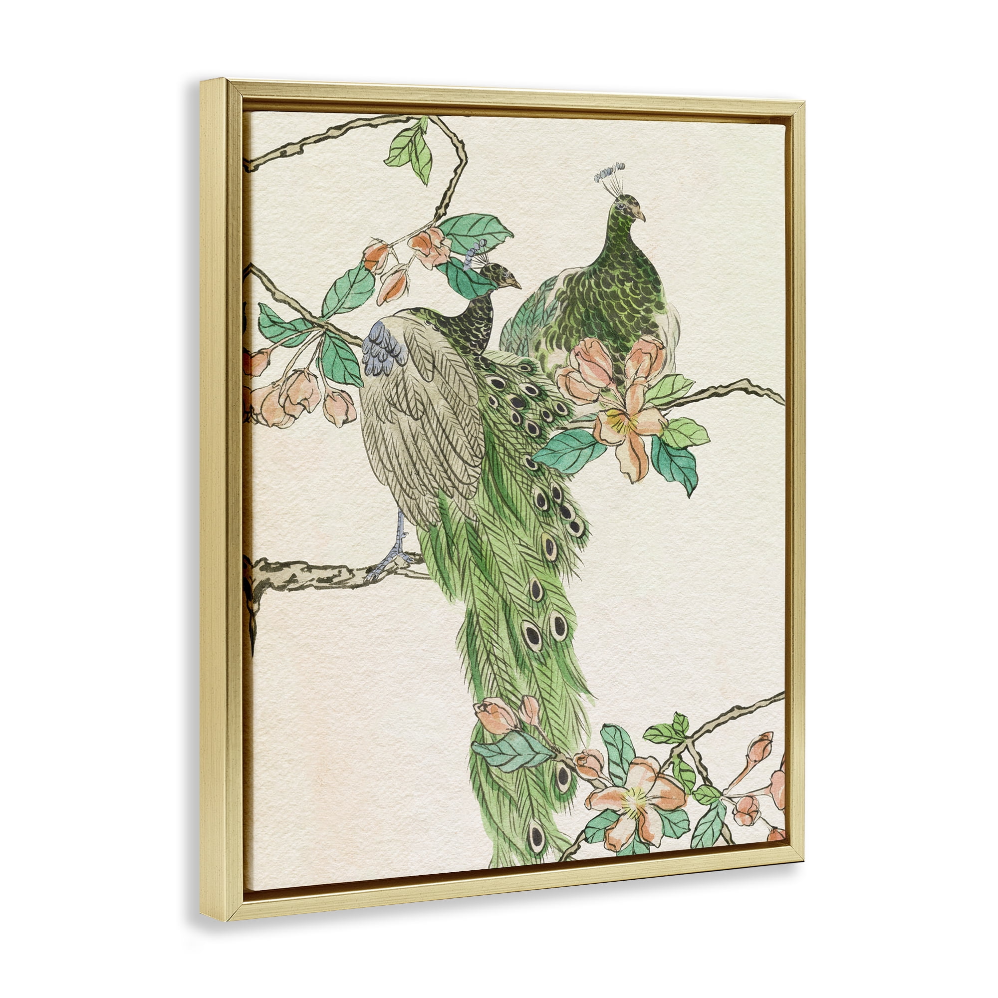 Stupell Industries Traditional Floral Peacock Animals & Insects Painting Gold Floater Framed Canvas Art Print Wall Art, 17 x 21