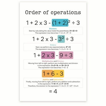Order Of Operations Poster - PEMDAS - Learning Order of Operations - Math Classroom Poster - PEMDAS Wall Decor - 12 x 18 Inch Poster - Unframed - Premium 100lb Gloss - Made In USA - BMCP0218