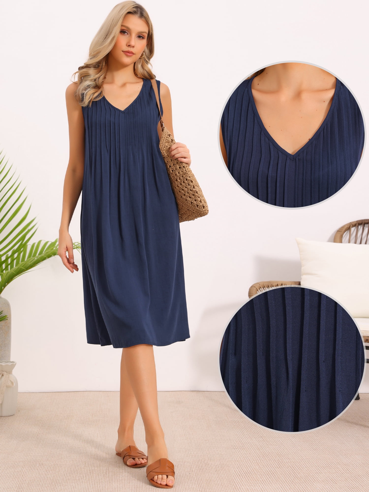 DARING DIVA Women's Sleeveless V Neck Pleated Front Casual Midi Stylish Dress L Navy Blue
