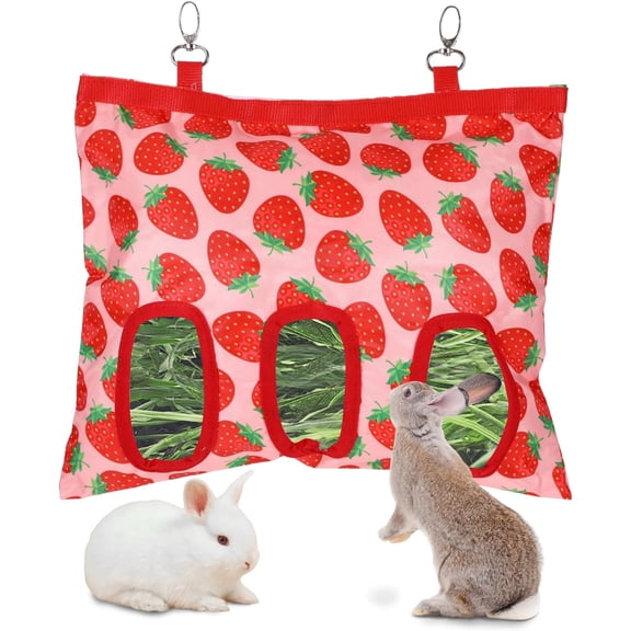 3-Hole Guinea Pig Hay Feeder, 13x10.8Inches, Rabbit Hay Feeder Bag, Stainless Steel, 600D Oxford, Watermelon and Strawberry