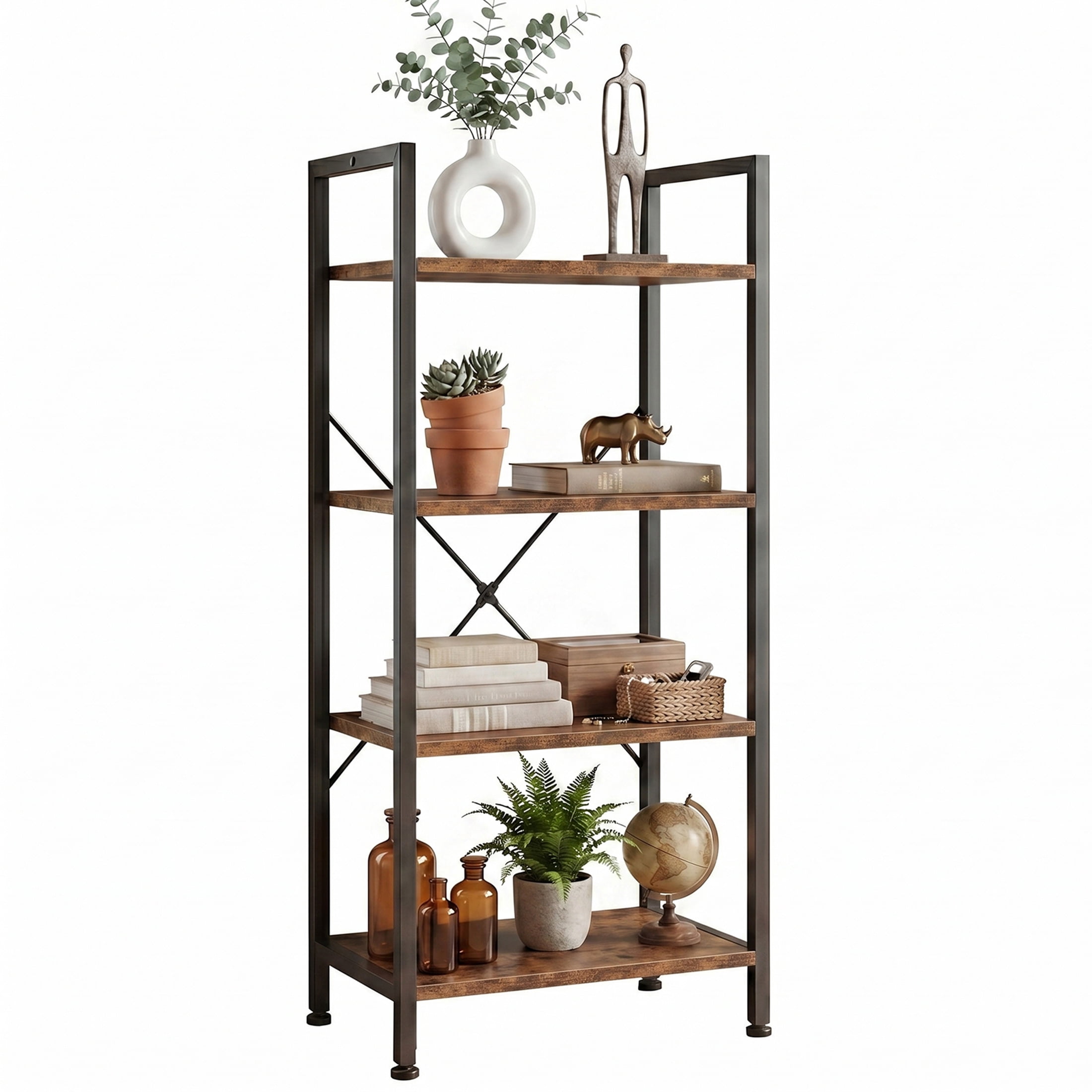 CONCETTA Bookshelf, 4-Tier Small Industrial Storage Shelf & Shelves, Metal Bookcase for Home Office, Living Room, Rust Brown
