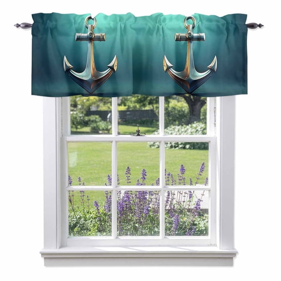 Teal Ombre Anchor Kitchen Curtain Valances for Windows Farmhouse Short Curtains, Coastal Nautical Metal Luster Anchor Rod Pocket Valance Curtain for Bedroom Cafe Living Room 54"x18"