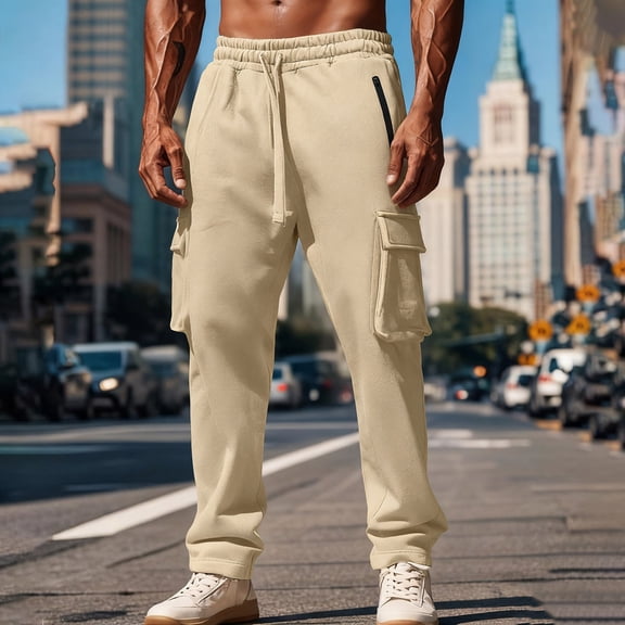 Gamivast Mens Workout Pants Cargo Sweatpants Drawstring Casual Hiking Pants with 4 Pockets Straight Leg Loose Outdoor Elastic Waist Joggers Open Bottom Sweatpants