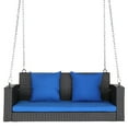 Zimtown Outdoor Hanging Porch Swing, Rattan Metal Loveseat with Blue Cushion, Garden Seat for 2
