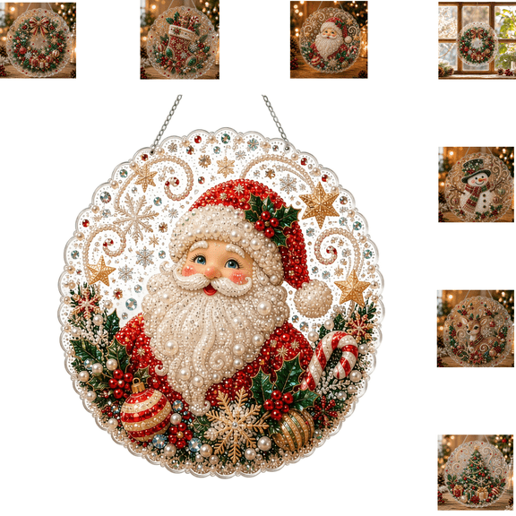Christmas Pearl Diamond Art Acrylic Hanging Ornament Kit, Diamond Painting Kit, Christmas Decorations, Christmas Decor,6 Xmas Classic Elements Acrylic Chain Acrylic Board Snowman Wreath -D