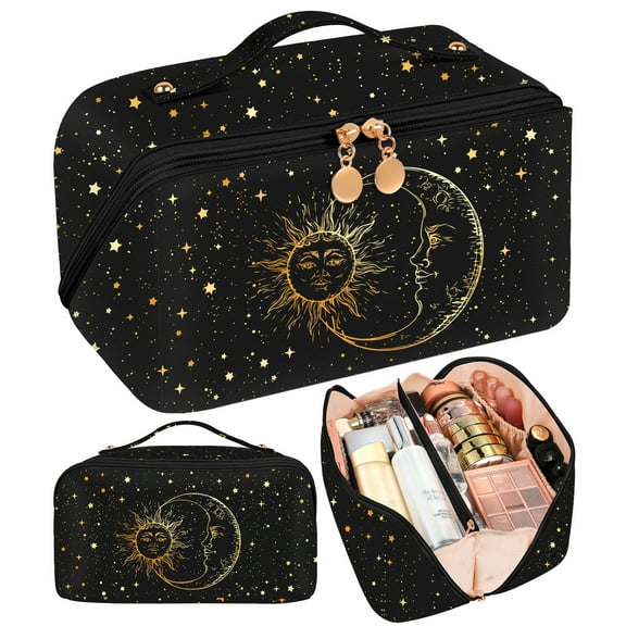 Gemfits Makeup Bag Travel Cosmetic Bag Make Up Bags Cute Women Girl Large Capacity Big Medium Leather Aesthetic Foldable Open Flat Zip,Sun Moon