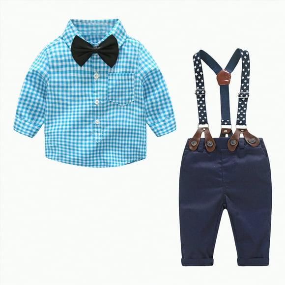 Zanarzt Infant Baby Boy Christmas Outfit Baby Boy Gentleman Long Sleeve Bow Tie Romper Plaid Suspender Pants 2Pcs Clothes Set Light Blue,3-6 Months