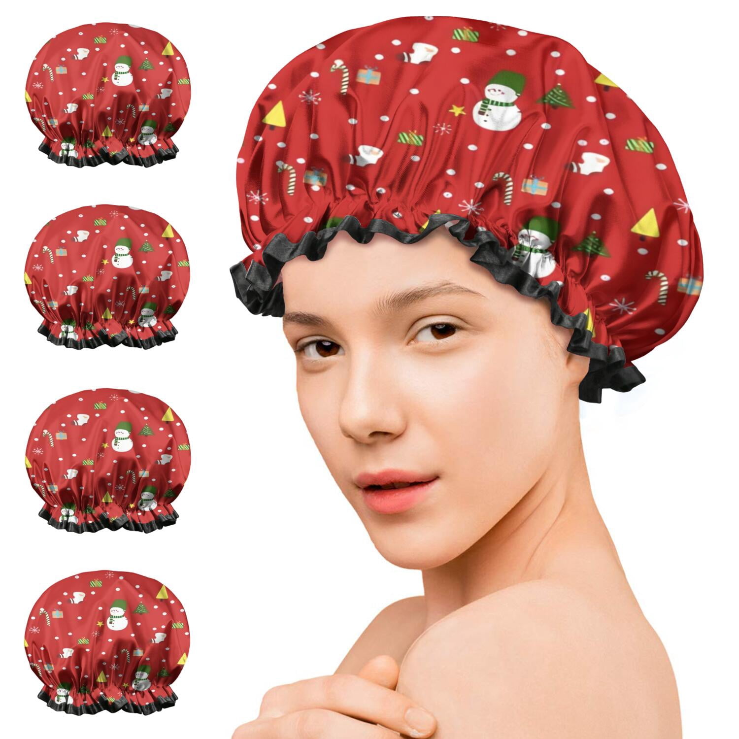 Shower Caps,Red Christmas Snowman Pattern Waterproof Shower Cap for Women 4 Pieces,Double Reusable Hair Cover for Shower PEVA Elastic Stretch Hem