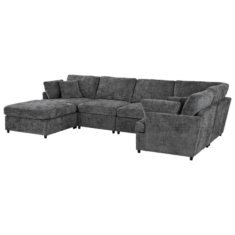 127" U-Shaped Modular Sectional Sofa with Movable Ottoman, 6-Piece Chenille Fabric Couch, Convertible Corner Sofa with Pine Wood Frame, Modern Deep Seat Sofa Set for Living Room & Apartment
