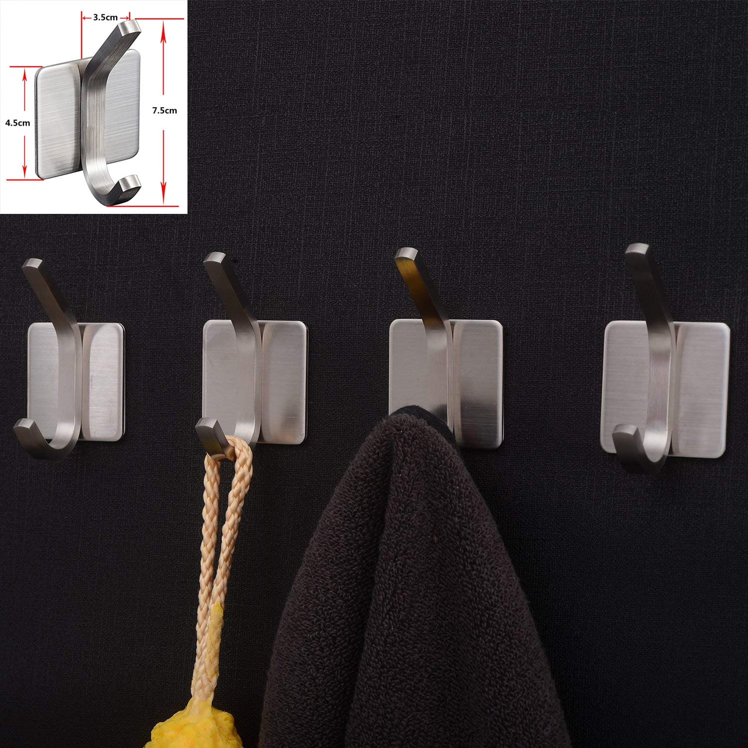 GOANDO 5 Pack Adhesive Hooks 3M Heavy Duty Wall Hook Towel Hooks and Coat Hooks Stick on Cabinet Doors Stainless Steel Self Adhesive Holders for Hanging Bathroom Kitchen Command Hooks 