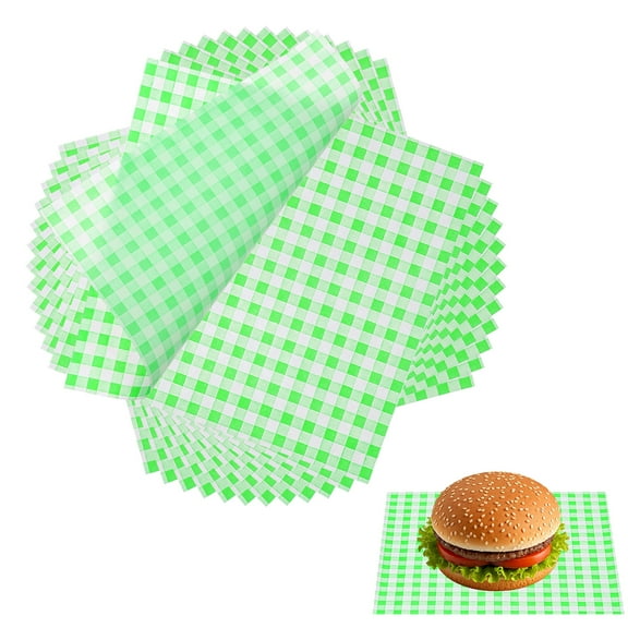 Uxcell 100 Pcs Wax Paper Sheets for Food, 7 x 7 Inch Greaseproof Wrapping Paper Sheets, Checkered Square Food Basket Liners for Sandwich Hamburger Bread, Green