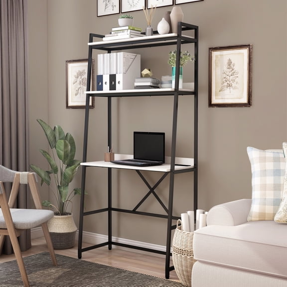 Easton 2-Shelf Metal Writing Desk with USB Port, Matte Black and Light Oak