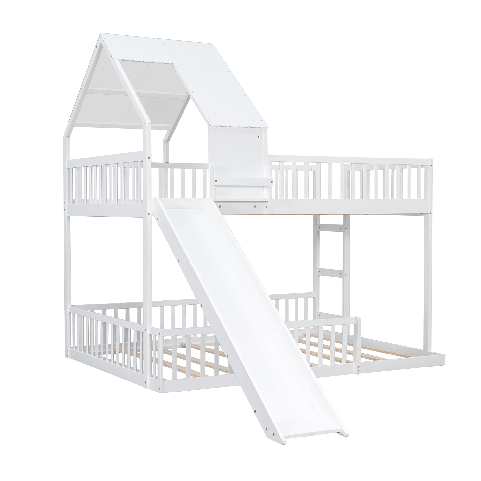 Euroco Wood Full XL over Queen Size Bunk Bed with Slide, White