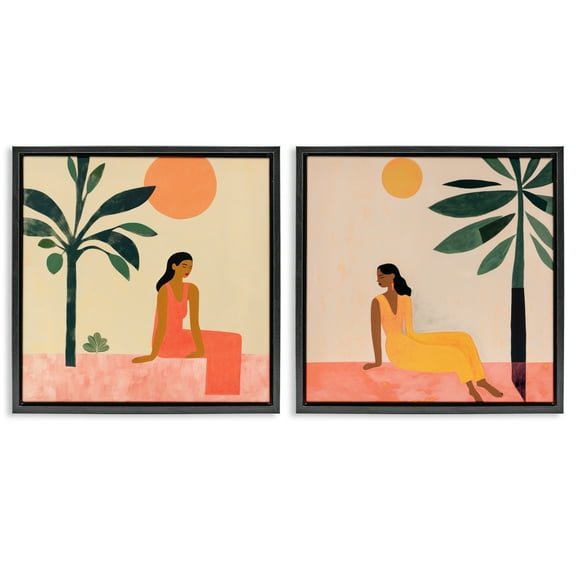 Stupell Industries Female Figure Resting Outdoors People Painting Black Floater Framed Canvas Art Print Wall Art, 18 x 18, Set of 2