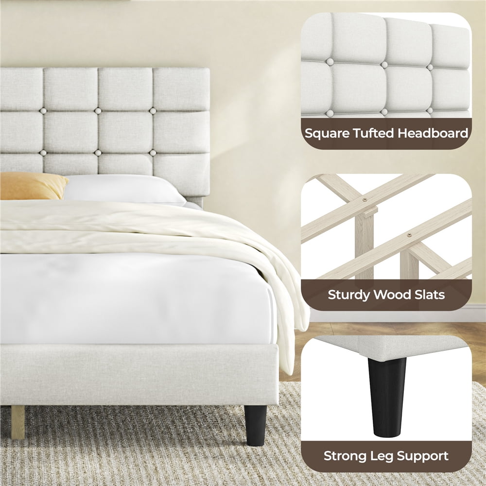 Yaheetech Upholstered Platform Bed with Square Tufted Headboard, Queen, Beige