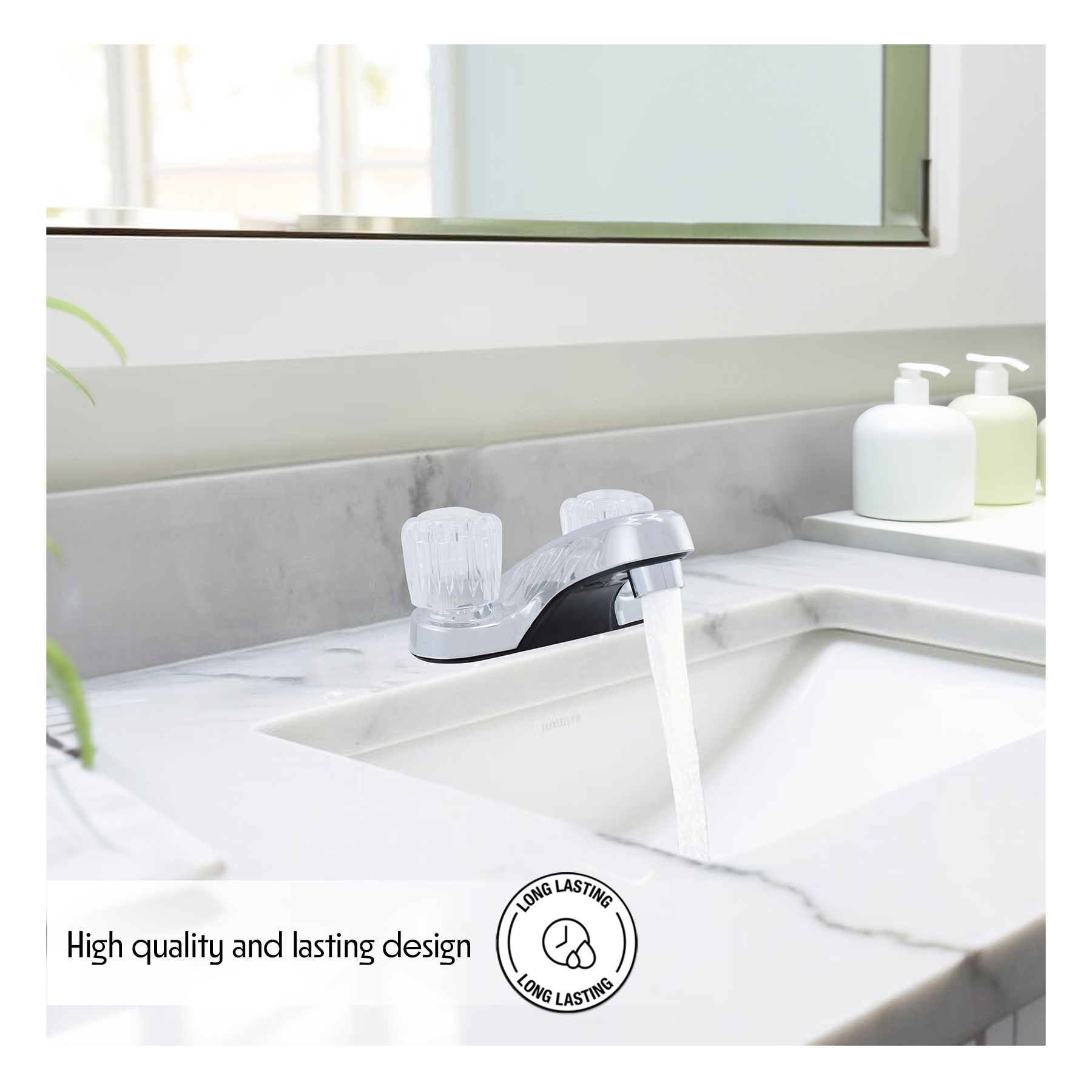 WMF-4224EUZ-CP - Hybrid Metal Deck Lavatory Bathroom Sink Faucet with Washerless Cart. Acrylic Double Handle