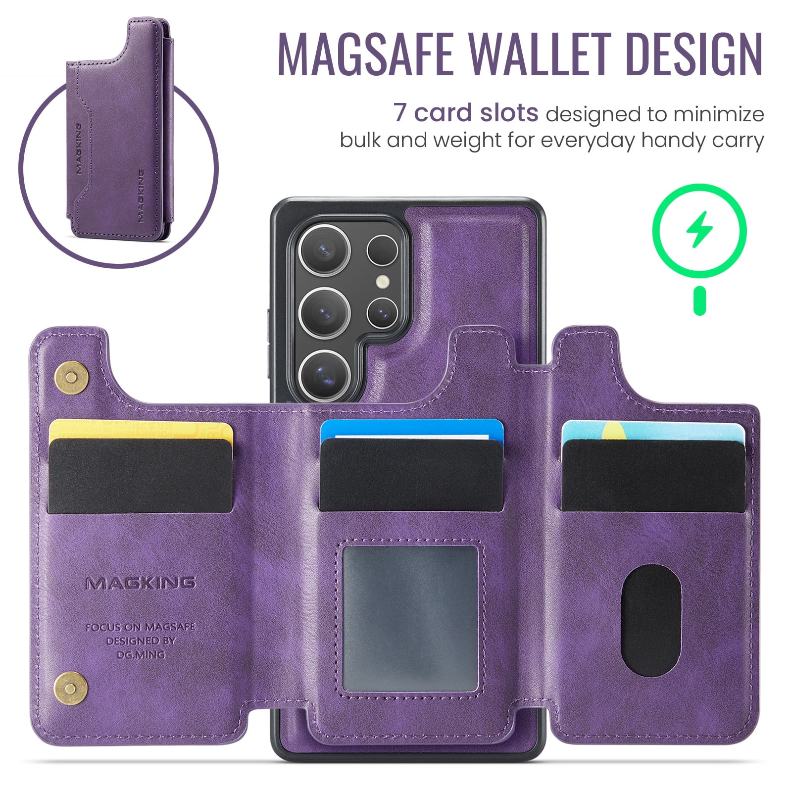 Designed for Samsung Galaxy S24 Ultra Wallet Phone Case,Magnetic Detachable Flip Card Holder,Back Flip Kickstand,Compatible with Mag-Safe,2-in-1 PU Leather Heavy Duty Shockproof Phone Case,Purple