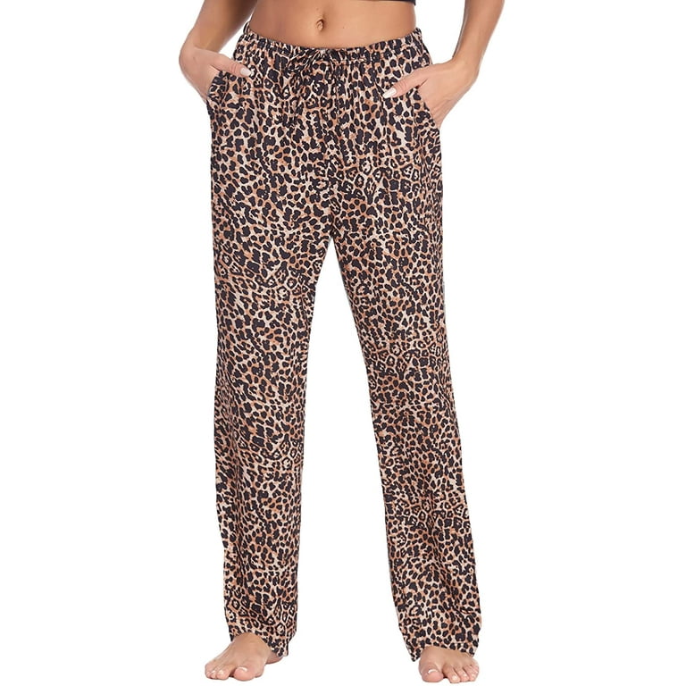 Womens Pajama Pants Stretchy Drawstring Pockets Pajama Bottoms Pj Lounge  Pant S-XXL Brown Leopard Medium 