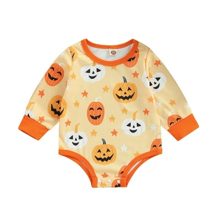

Inevnen Infant Baby Halloween Cotton Jumpsuit Casual Long Sleeve Pumpkin Printing Ribbed Romper