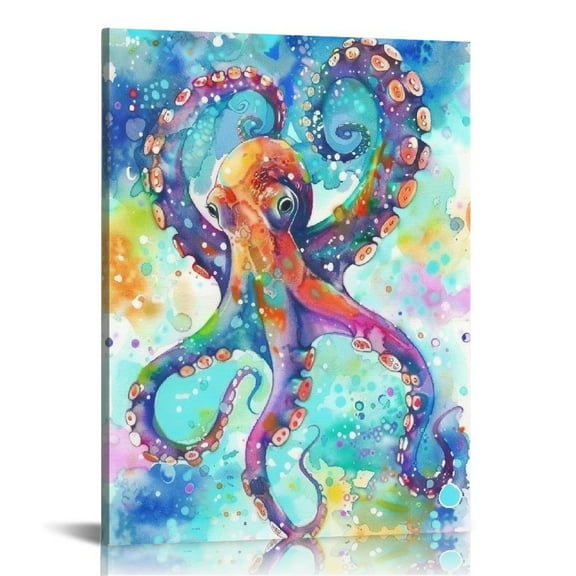 Acheng Sea Animal Wall Art Colorful Watercolor Octopus Painting Canvas Prints Marine Life Pictures for Bedroom Bathroom Decor 12x16 in