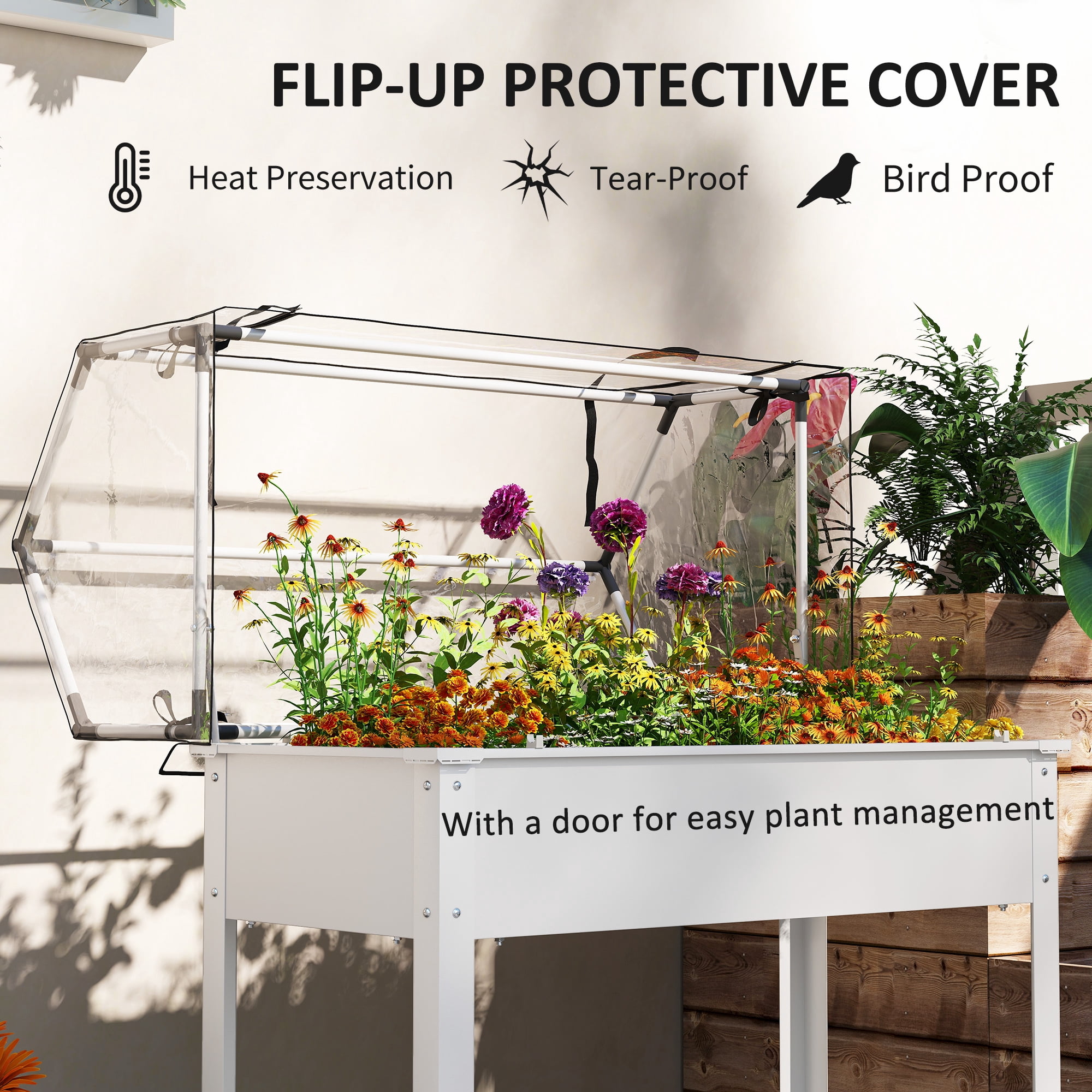 Outsunny Raised Garden Bed with Greenhouse Cover, Elevated Garden Box with Legs and Drainage Hole for Vegetables, White