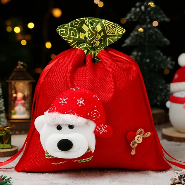 Bolsa de regalo navideña grande de tela con cordón | Decoración navideña de Papá Noel y muñeco de nieve | 24 x 29,5 cm, reutilizable, para regalos y decoración del árbol