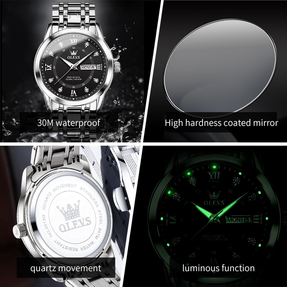 OLEVS Watches For Men Diamond Business Dress Luxury Casual Analog Quartz Stainless Steel Waterproof Luminous Date Men Wrist Watches Reloj Para Hombre Black Dial