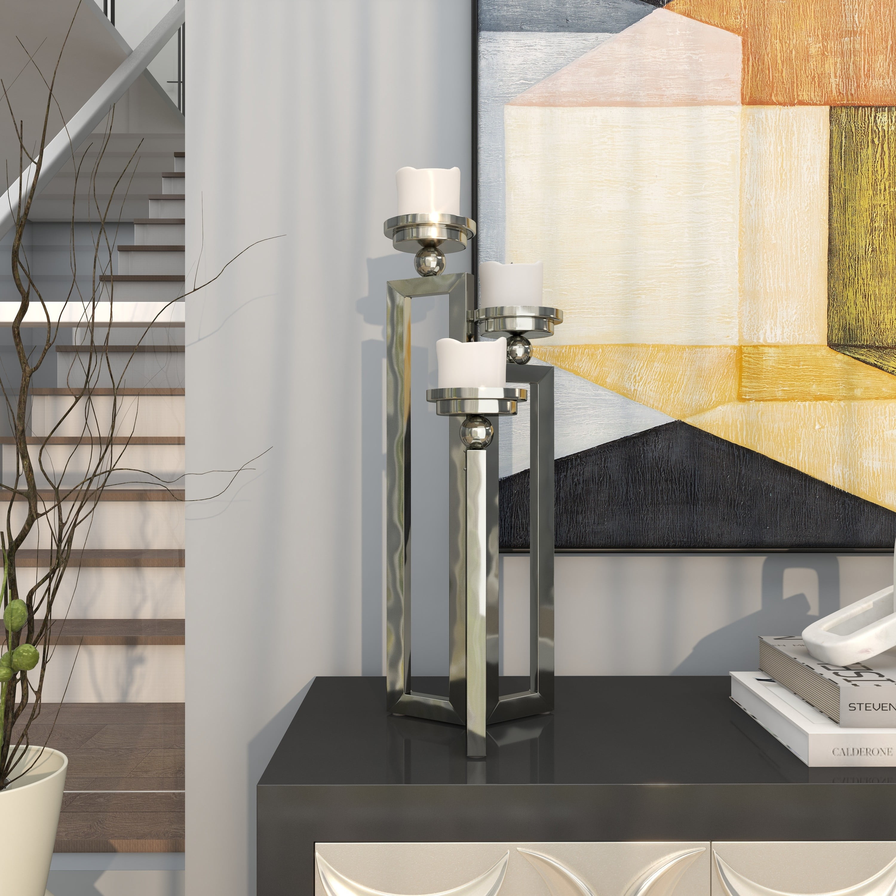 DecMode 3 Holder Silver Stainless Steel Geometric Open Frame Candelabra with Various Rectangles