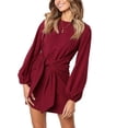 thumbnail image 1 of Vestido elegante de cóctel de punto con cuello redondo, manga larga tipo farol y lazo en la cintura para mujer, 1 of 7