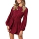 thumbnail image 1 of Vestido elegante de cóctel de punto con cuello redondo, manga larga tipo farol y lazo en la cintura para mujer, 1 of 7
