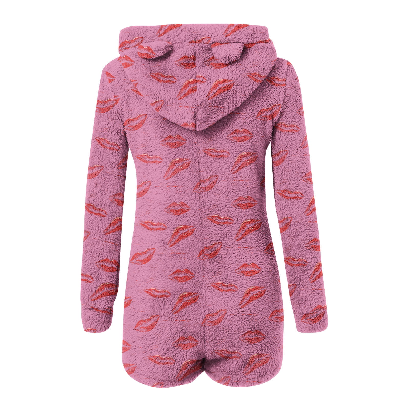 Womens Long Sleeve Onesies Pajamas Fuzzy Zip-Up Hooded Romper Warm Short Playsuit Jumpsuit Fleece Sherpa Sleepwear Hot Pink, XL